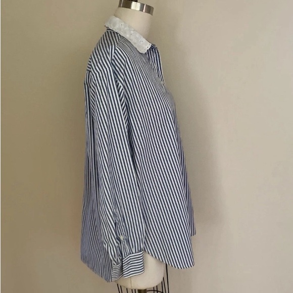 GAP x Doen Organic Cotton Eyelet Collar Big Shirt in Blue Stripe Oversize Sz S - Picture 4 of 6